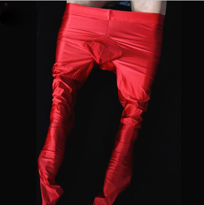 Sexy Oil Shine męskie spodnie do kostek etui otwarte blisko wału gładkie spodnie do tańca jogi