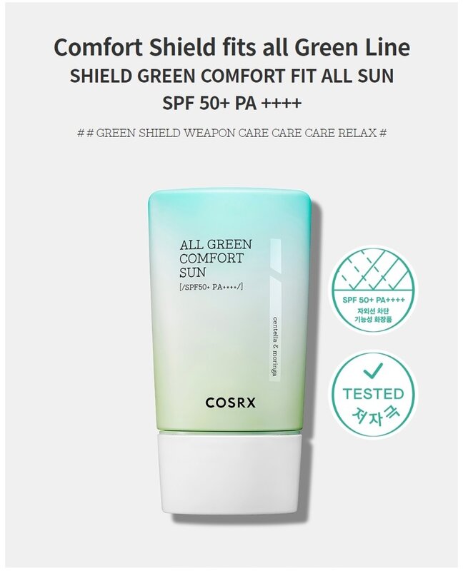 Cosrx escudo caber todo o conforto verde sol 50ml coréia calmante creme de sol diariamente uv defesa não-pegajoso água proteção solar creme de rosto