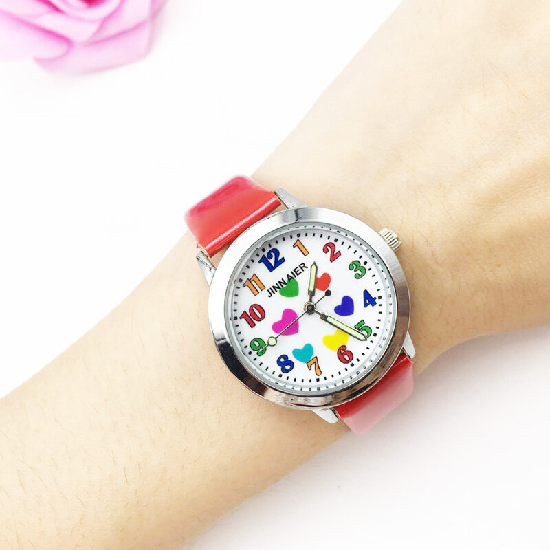 Reloj analógico de cuarzo para niños y estudiantes, cronógrafo de pulsera de cuero PU rojo con dibujos de corazones coloridos, regalo, kol saati