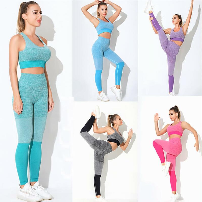 Set Yoga Wanita Mulus Pakaian Olahraga Olahraga Gym Pakaian Olahraga Kebugaran Lengan Panjang Crop Top Legging Pinggang Tinggi Setelan Olahraga