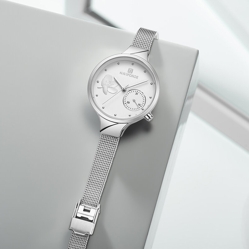 NAVIFORCE-최고 럭셔리 브랜드 패션 스틸 쿼츠 시계 여성용, 방수 꽃 소녀 시계