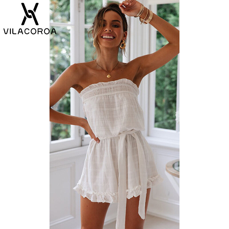 Summer Short Fashion Sleeveless One-neck Wrap Chest Ruffled Wrapped Chest Belt With Irregular Pleats Cuffed Trumpet Jumpsuit