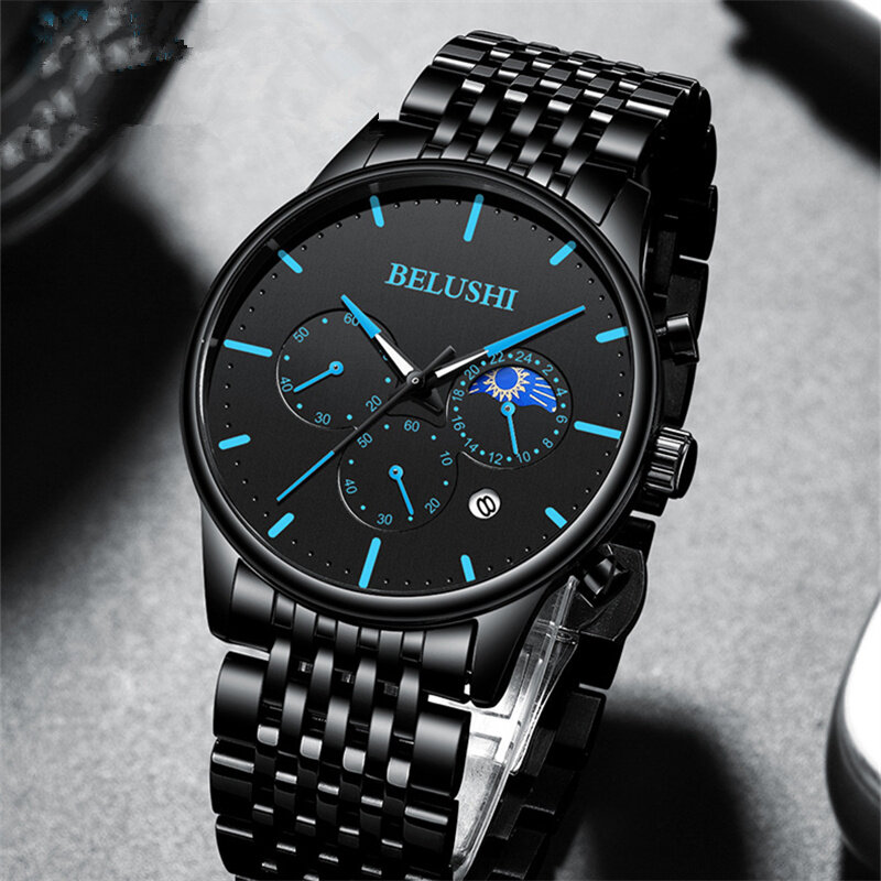 BELSHI-reloj deportivo de lujo para hombres, cronógrafo de cuarzo, informal, de malla fina, de acero, resistente al agua, Masculino