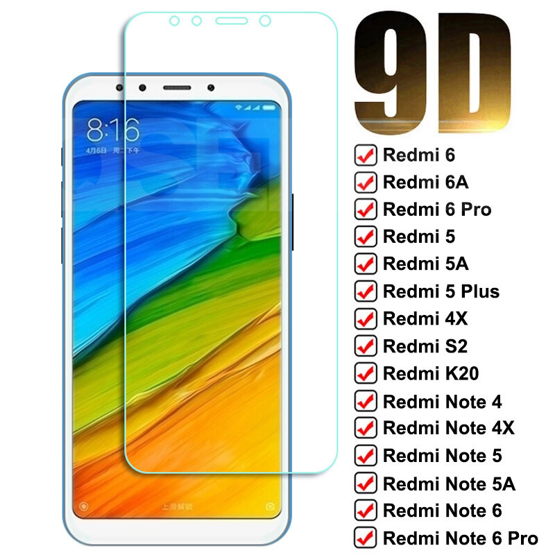 Xiaomi Redmi 5 Plus 6 6A 5A 4X S2 용 9D 보호 유리, 강화 화면 보호기, Redmi Note 4 4X 5 5A 6 Pro 안전 유리 필름