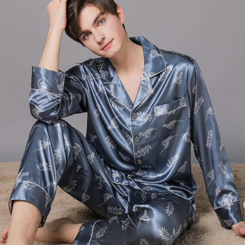 Pijamas masculinos para a primavera de seda de mangas compridas casa terno calças longas pijama hombre luxo masculino roupas de seda impressão lapela pijamas