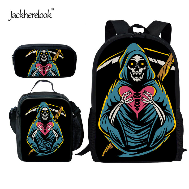 Jackherelook Death Pattern Cool School Bags 3pcs/Set for Boy Girl Durable Schoolbag Satchel Backpack Large Bookbag Mochila
