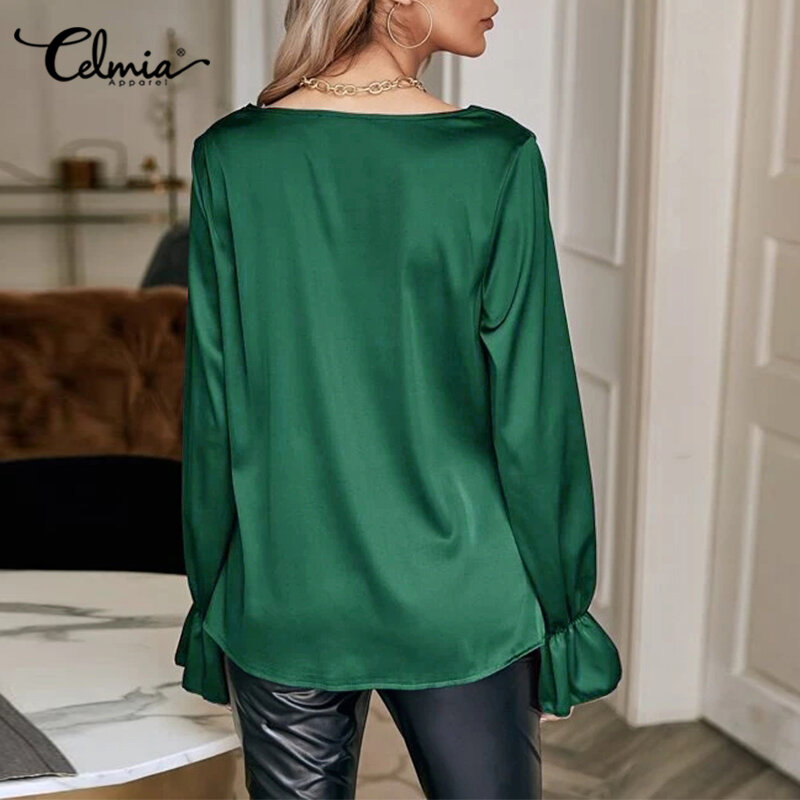 Women Stylish Satin Blouses Celmia 2022 Autumn Casual Sexy Cowl Neck Elegant OL Shirts Oversized Blusas Long Flare Sleeve Tops