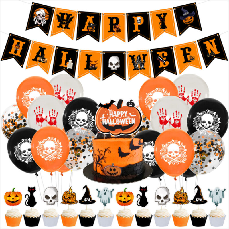 SELAMAT Halloween Bendera Spanduk Kue Ulang Tahun Masukkan Set Halloween Tema Pesta Balon Dekoratif