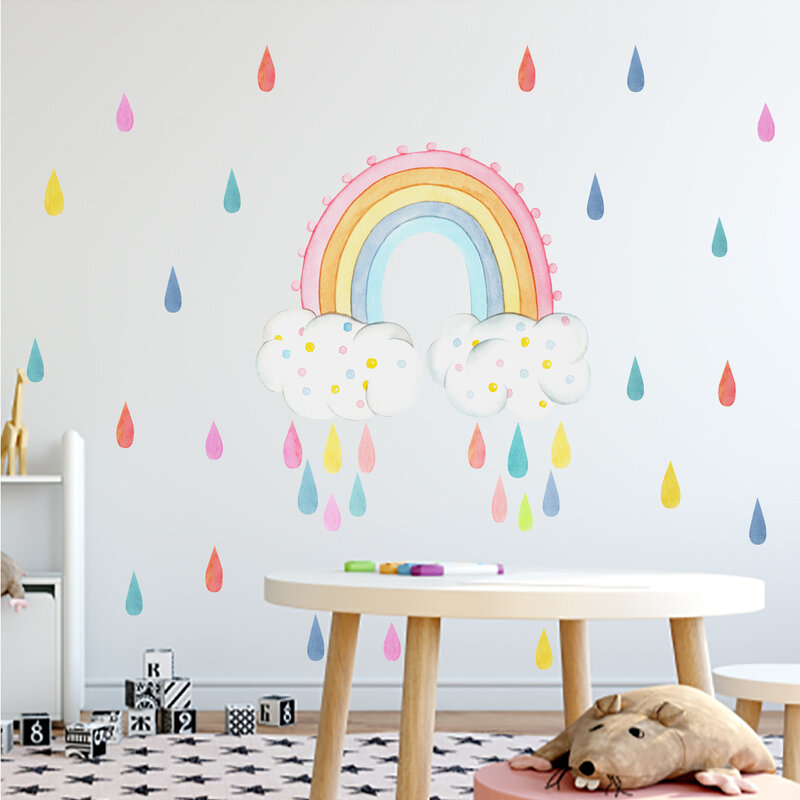 Colorful Bridge Raindrops Wall Stickers Kindergarten Bedroom Background Children's Room Wall Decoration Self-adhesive Stickers