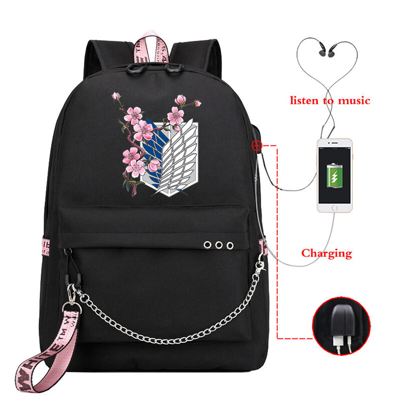 타이탄 학교 가방 공격 애니메이션 배낭 청소년 소녀 어린이 소년 어린이 학생 Usb 여행 노트북 배낭, 애니메이션 가방