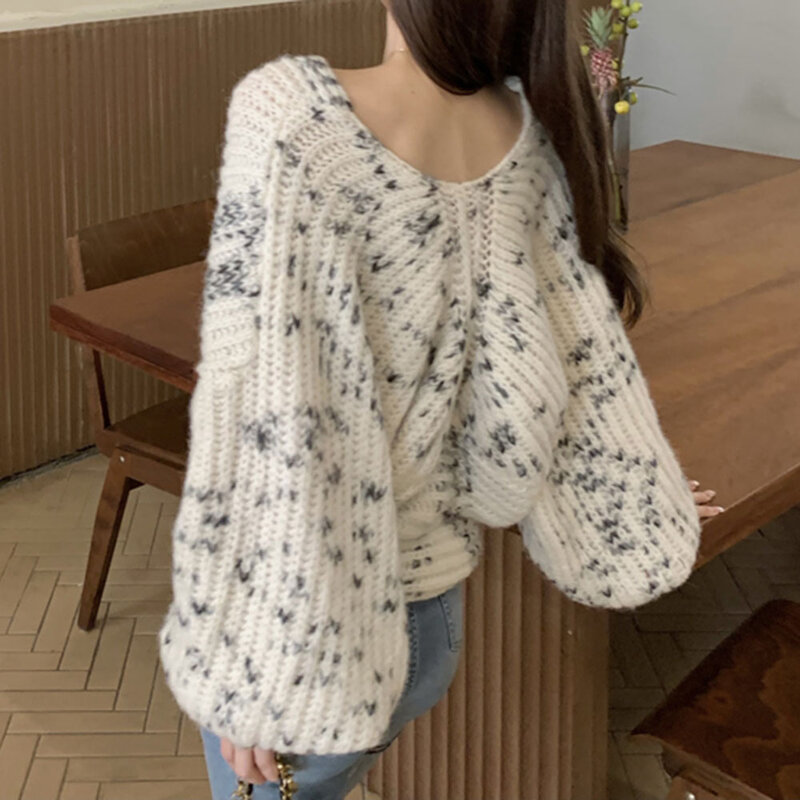 Cashmere Sweater Women Korean Fashion Stitching Color Deep V-neck Loose Lazy Style Long Sleeve Pullovers Knitted Top Fashionable