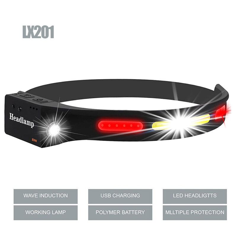 LED headlight rechargeable headlamp 1200mAh with red COB 230° wide beam lightweight head lamp with motion sensor Bright 5 modes