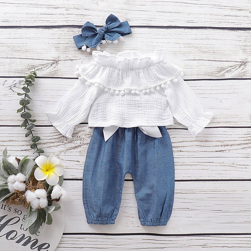 0-18 miesięcy niemowlę dziewczynek ubrania zestawy Flare rękaw jednolite topy + spodnie + pałąk niemowlę 3 sztuk strój dziewczyna odzież jesienno-wiosenna