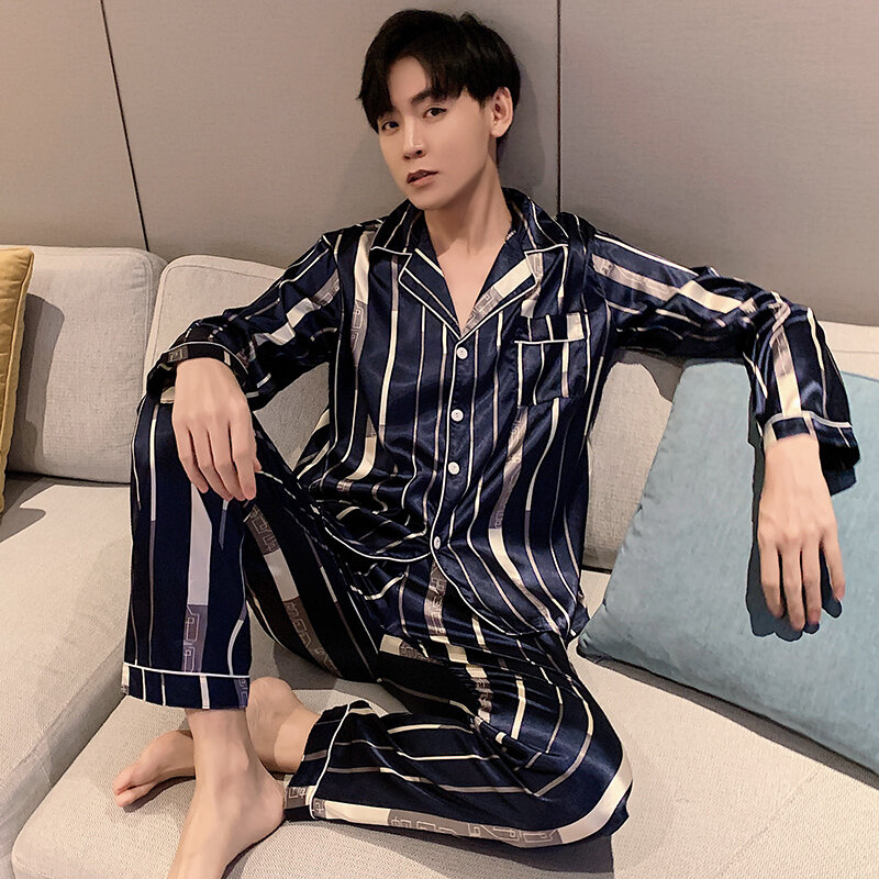 Men Comfortable Pyjamas Plus Size 3XL 4XL 5XL 90kg Long Sleeve Casual Home Wear Autumn Silk Boy Pajama Set Leisure Sleepwear Set