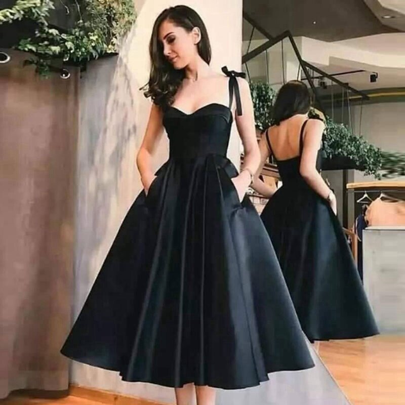 Simples preto vestidos de cocktail 2022 curto cetim vestidos de baile baratos vestidos de gala sem costas vestidos de formatura feminino com bolsos