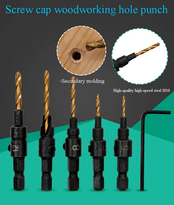 5pc Hexagonal Shank Woodworking Countersunk Head Drill Titanium Plated Hole Opener Screw Taper Hole Chamfering Reaming Drill
