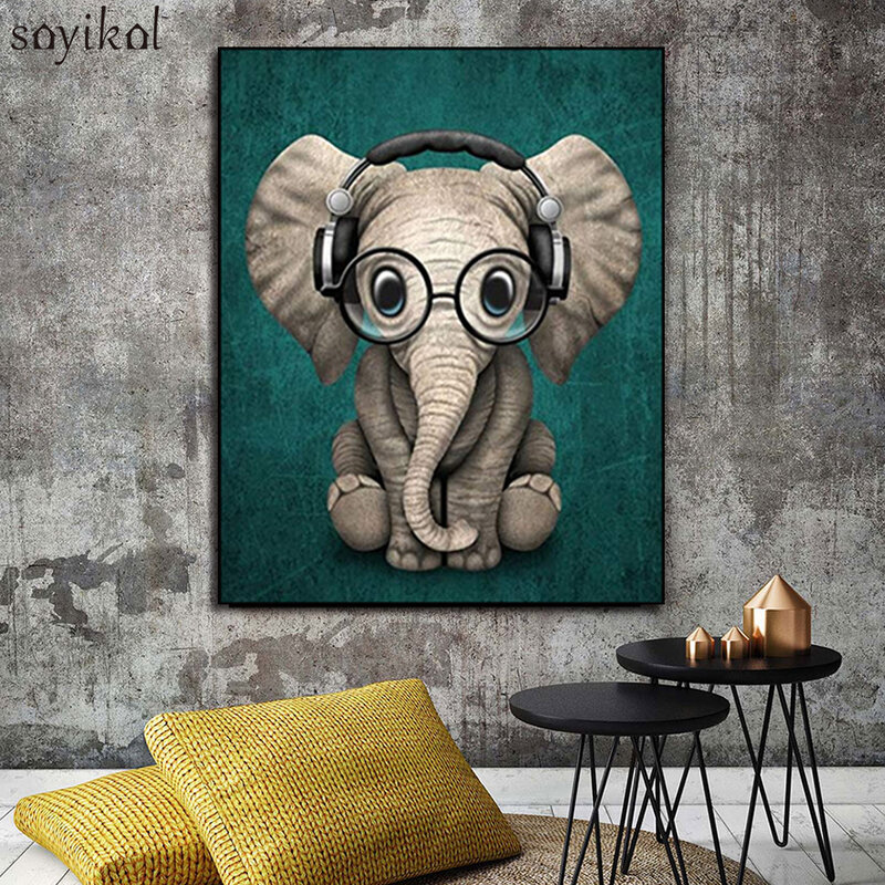 Drawing By Number Animal Cute Elephant Wear Glasses Hanging Picture Wall Art Oil Painting By Numbers DIY Hand Painted Kids Gift