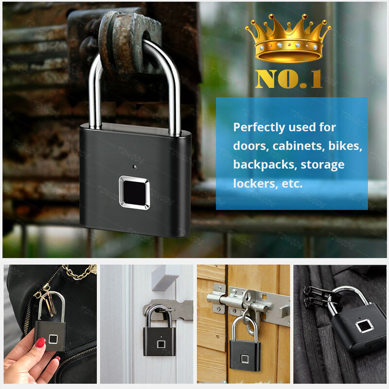Towode Smart Fingerprint Keyless Door Lock USB Rechargeable Padlock 1/2Pcs Quick Unlock Zinc Alloy Metal Self Developing Chip