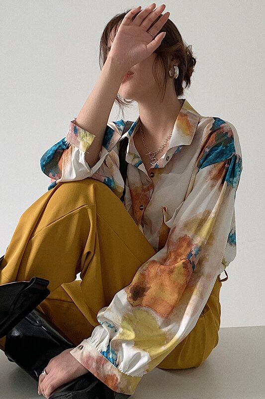 Outono coreano solto manga longa camisa versátil para design feminino