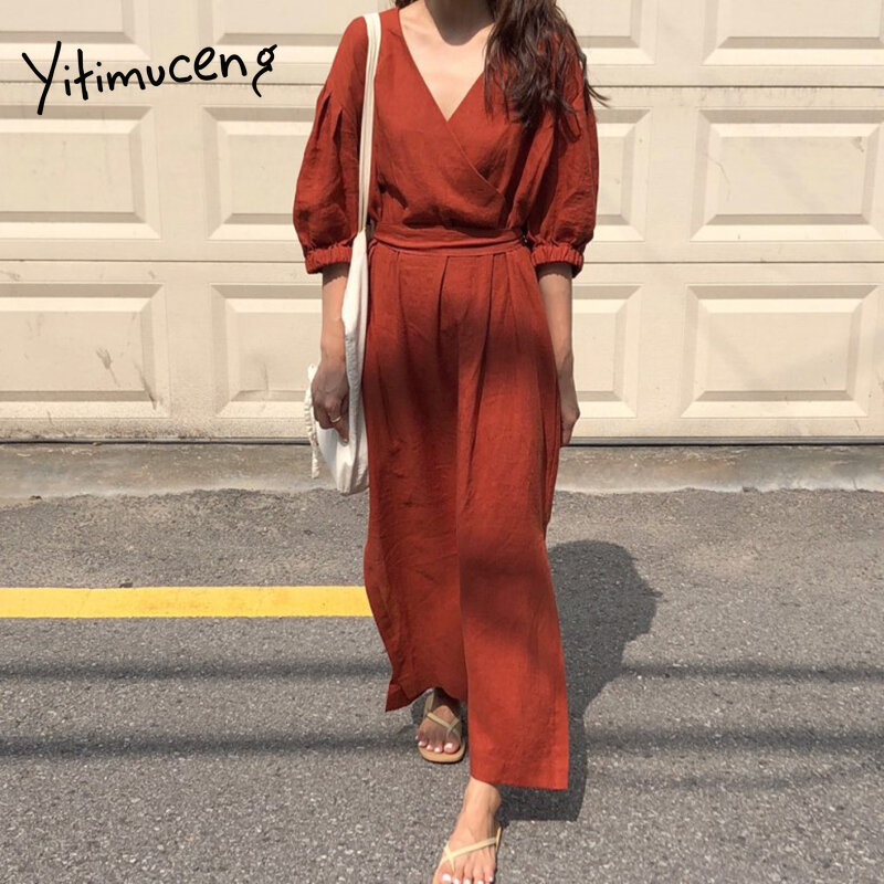 Yitimuceng midi vestido feminino verão bandagem split fork vestidos elegantes puff manga alta cintura damasco vermelho 2021 coreano moda nova