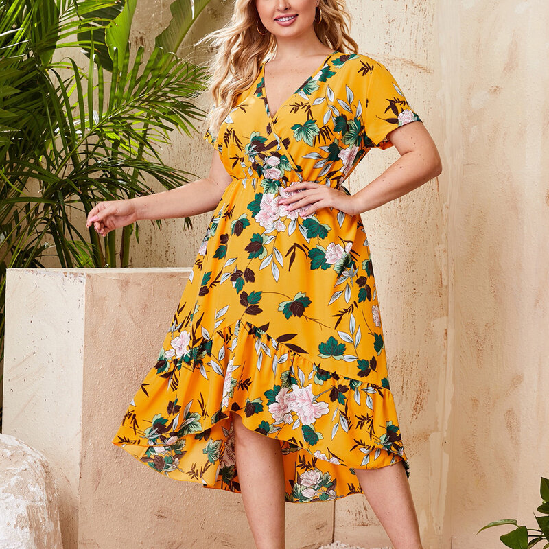 Vestido de verão plus size moda feminina com decote em v floral impressão ruffle hem manga curta vestido novo tamanho grande vestidos de praia casuais