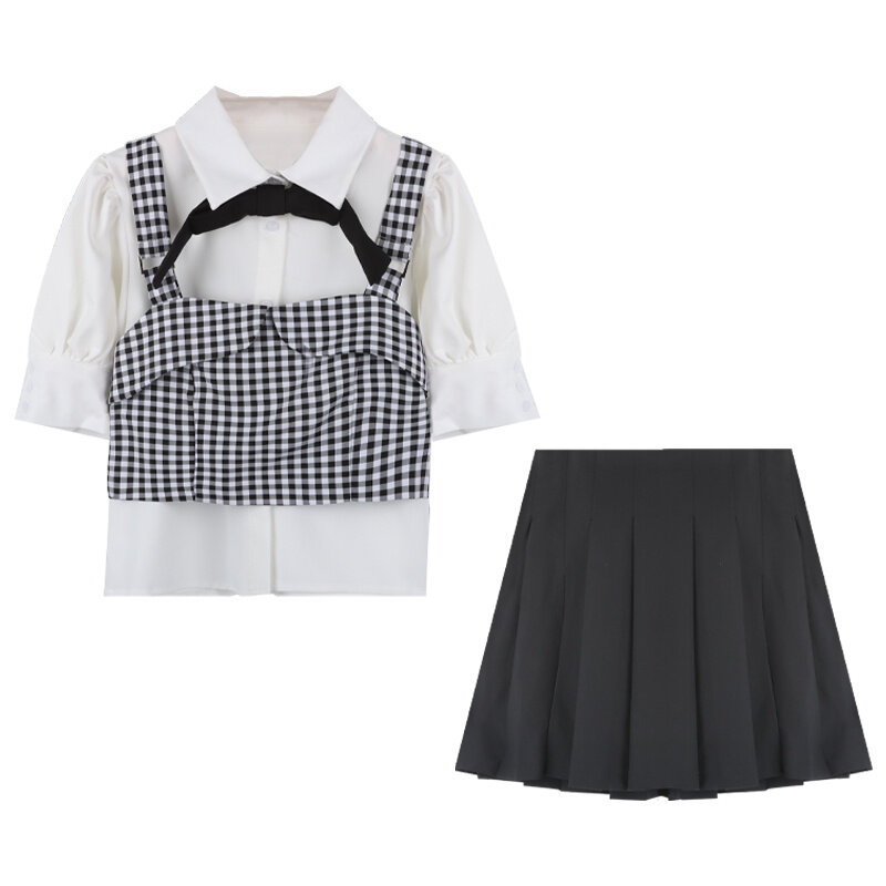 치마 똑똑하고 심장 귀여운 소녀 버블 짧은 소매 셔츠 격자 무늬 Suspender 조끼 Pleated 치마
