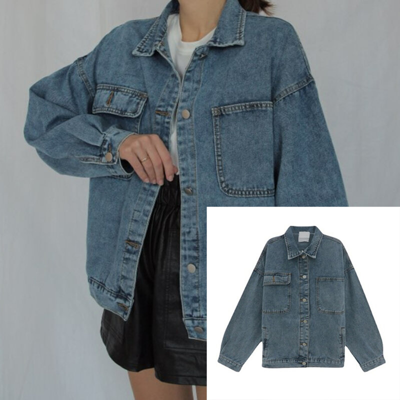 Куртка джинсовая женская оверсайз, однотонная Повседневная Верхняя одежда из денима в Корейском стиле, весна-осень 2021