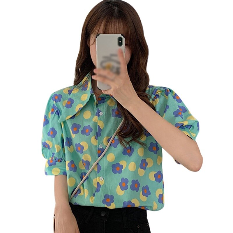 Women Blouses Sweet Floral Print Short Sleeve Chiffon Shirt Korean Style Shirts 2021 Fashion Puff Sleeve Lapel Women Tops