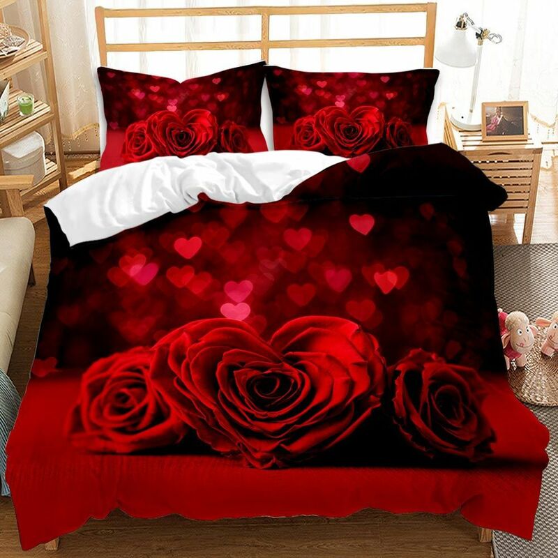 Juego de cama con estampado 3D de flores y rosas para el Día de San Valentín, edredón con estampado 3D, corazón, amor, Reina, funda de edredón de tamaño individual, funda de almohada de lujo