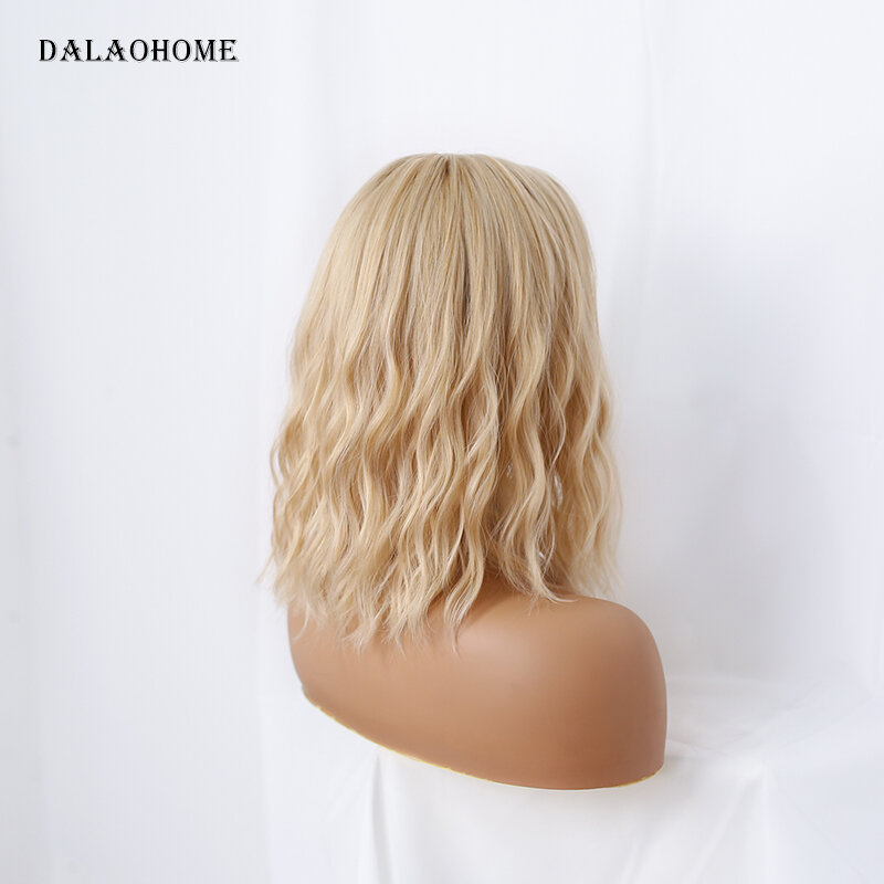 Dalaohome syntetyczna peruka z grzywką fala wody blond Ombre peruki dla kobiety ciepła ResistanDalaohome kobieta syntetyczna peruka z Bang