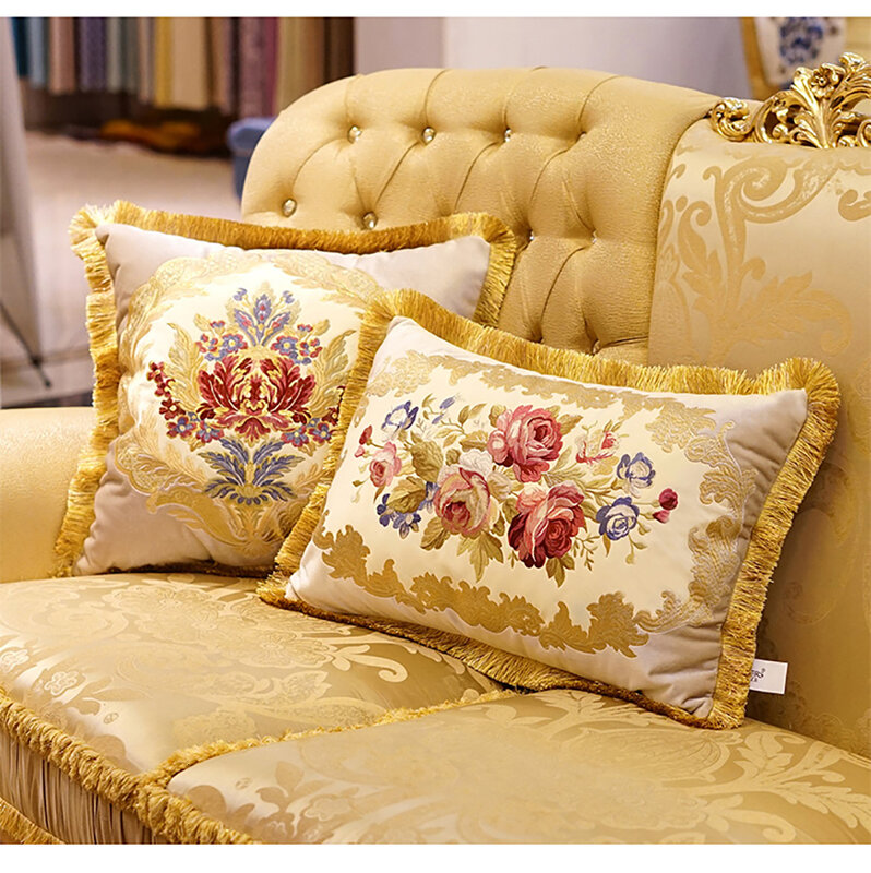 Aeckauto-fundas de cojín real de lujo bordadas con borlas, cuadradas, florales, Fundas para sofá de almohadas, coche, dormitorio, Azul, Blanco, marrón