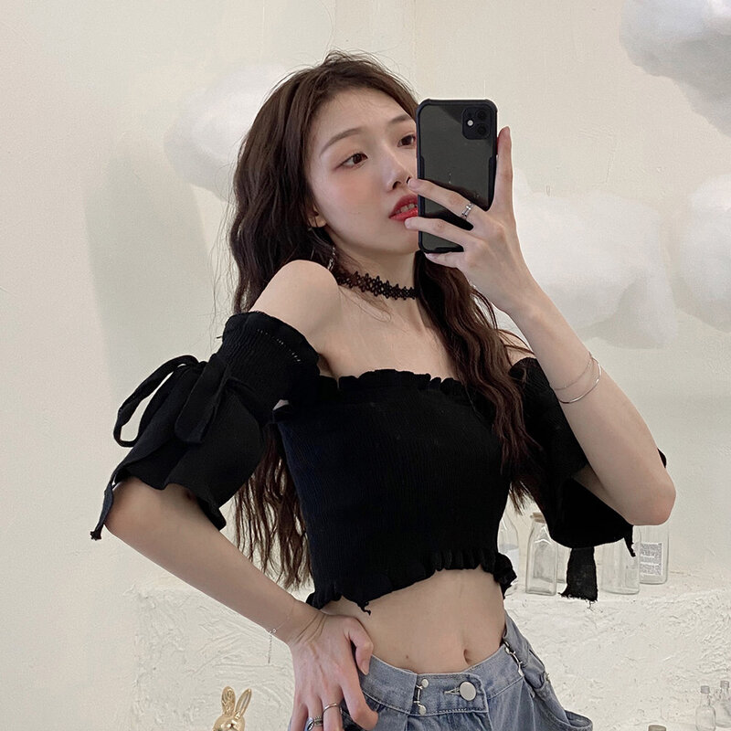 Frauen Sexy Schlank Bluse Puff Ärmeln Mit Ausgesetzt Hohe Taille Design Schwarz Top Junges Mädchen Mode Club Party High Street korea