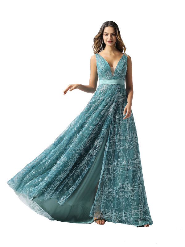 Tanpell A ラインロングイブニングドレス V ネックノースリーブスプリットフロント床長さの女性パーティーカスタムイブニングドレス 2020