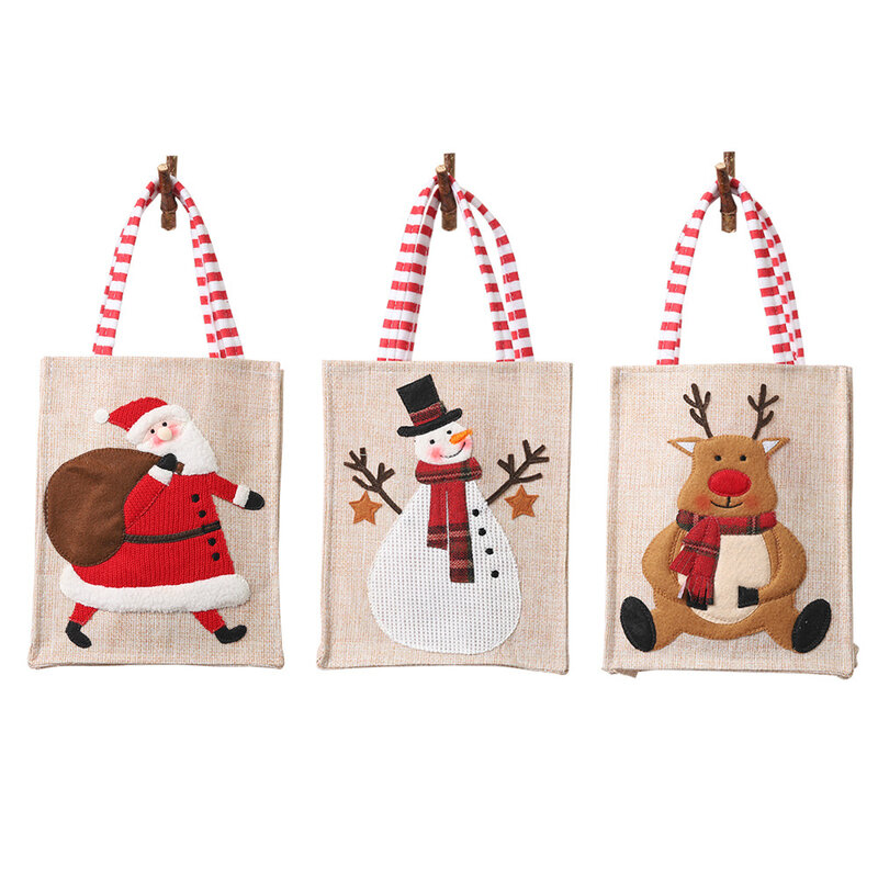 Bolsa de lino bordada tridimensional para decoración navideña, bolso de mano para regalo de niños, almacenamiento de dulces
