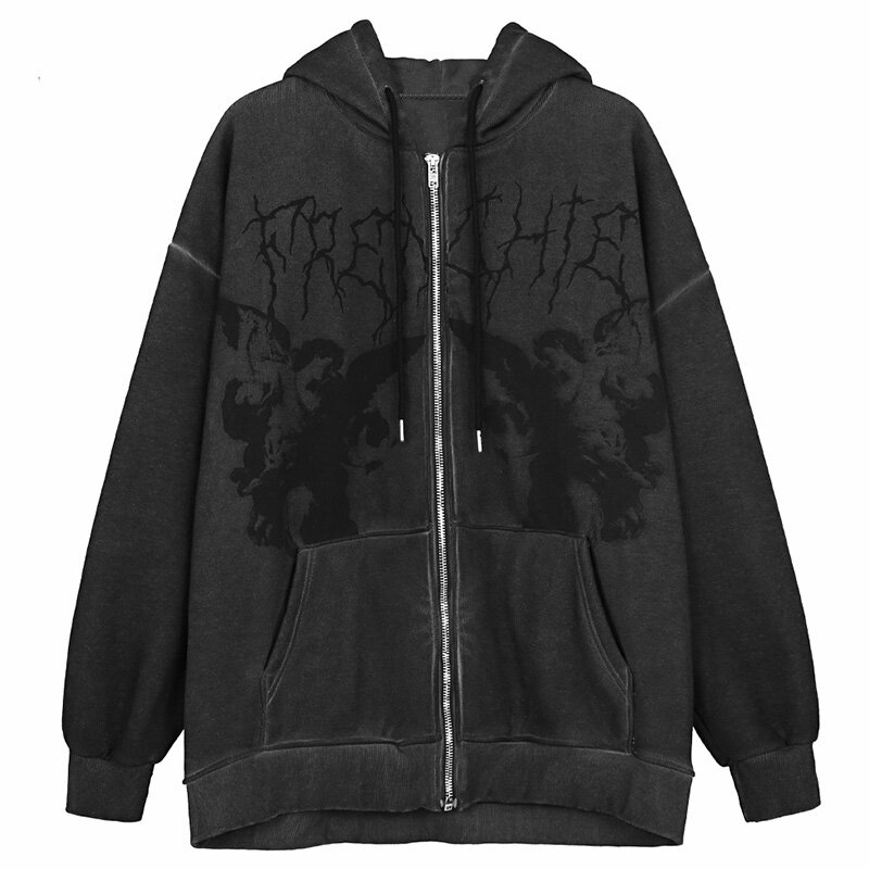 Hip Hop Streetwear Hooded แจ็คเก็ต Angel Dark พิมพ์เสื้อ Harajuku ผ้าฝ้ายฤดูใบไม้ร่วง Punk ฤดูหนาวเสื้อนอก Zipp