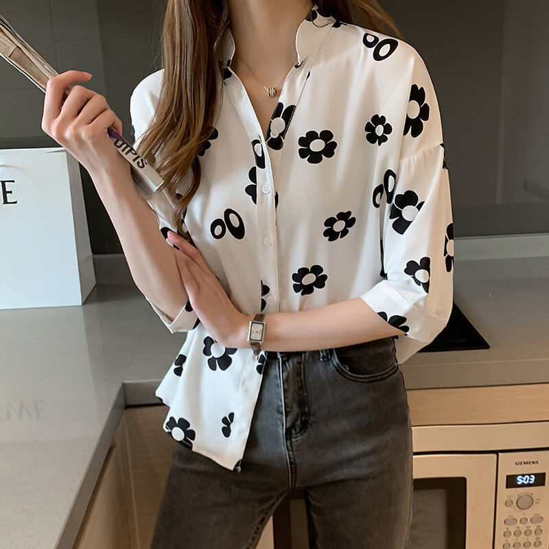 Camisas de gasa con estampado Floral para mujer, Blusas informales de manga corta, talla grande 2XL