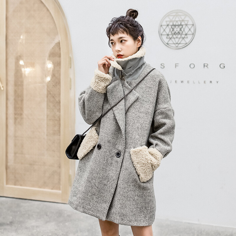 Casaco de lã de cordeiro gola dupla breasted casaco de lã feminino de comprimento médio engrossado casaco de lã abrigos mujer invierno 2021 abrigo + mujer