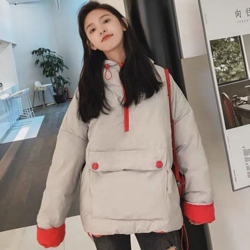 Żakiet w nowym stylu koreańskim moda luźny, puchowy ocieplany bawełną kurtka bluza z kapturem krótki Ins2021 Winter Women