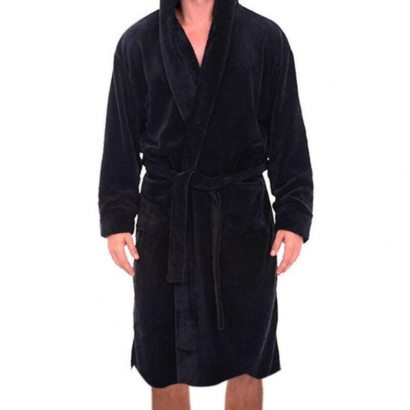 Solid Color Belt Flannel Bath Robe Hooded Pockets Warm Men Nightgown Home Clothes