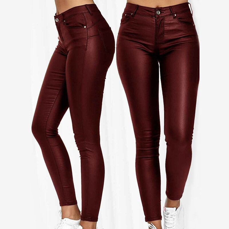 New Fashion Pencil Pants Faux Leather Pu Long Trousers Casual Women's Sexy Tight-Fitting Female Stretch High-Waist Pants Pure