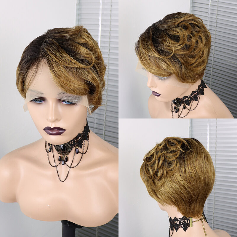 Pelucas de cabello humano brasileño rizado para mujeres negras, pelo Remy corto de Color ombré, corte Pixie, 13x1, encaje frontal, 150% de densidad