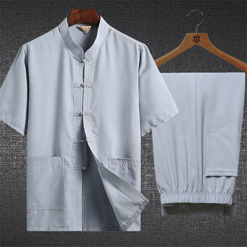 Traditional Chinese Clothing Set Man Oriental 2 Pieces Tai Chi Kung Fu Uniforms Short Sleeve Linen Casual Chinese Costumes