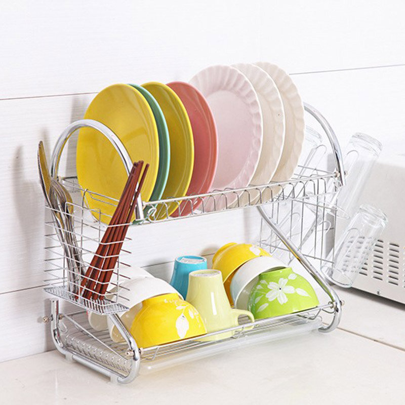 Large Dish Drying Rack Cup Drainer 2-Tier Strainer Holder Tray Stainless Steel Kitchen Accessories TOER889
