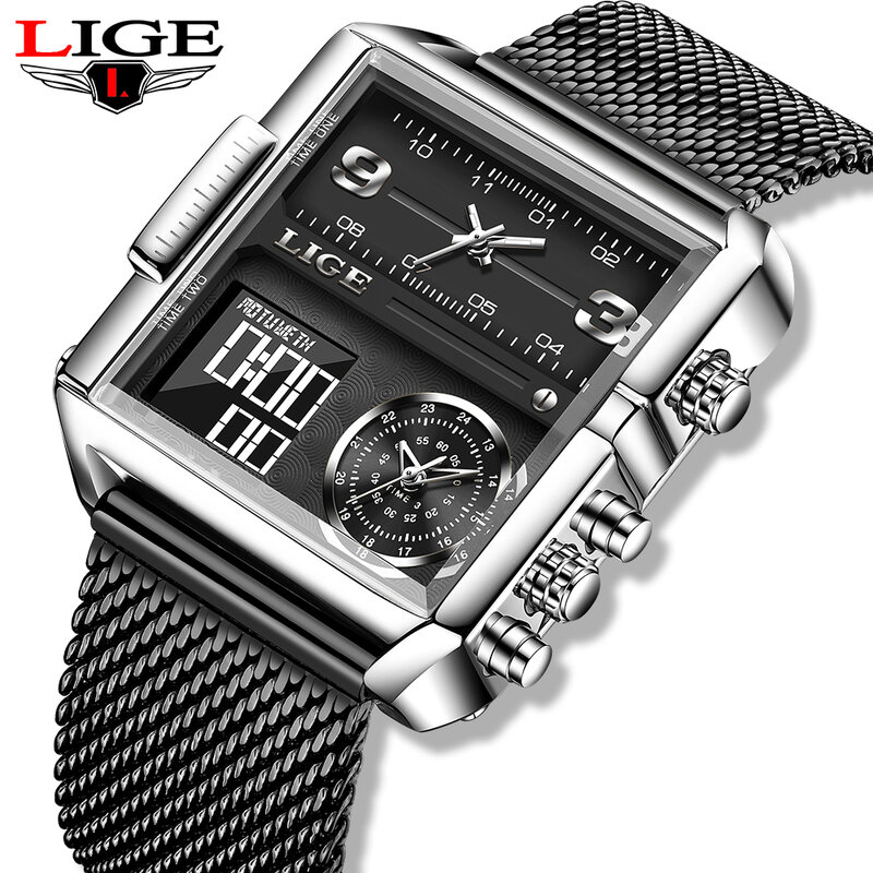 Часы наручные LIGE Мужские Цифровые, брендовые Роскошные водонепроницаемые кварцевые спортивные в стиле милитари, с квадратным циферблатом, ...
