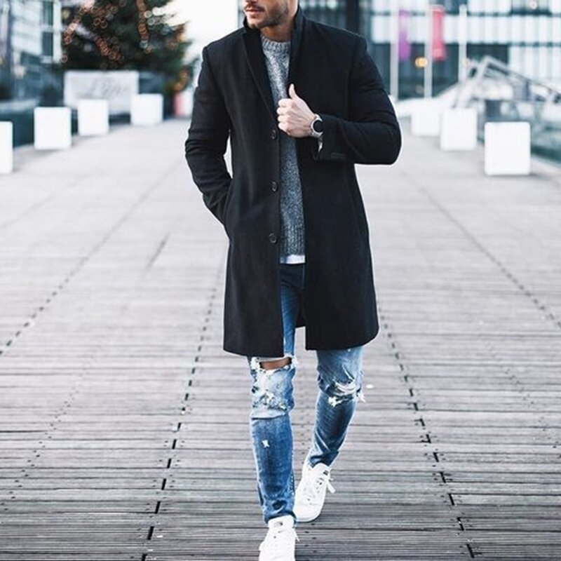 New Arrival Winter Fashion Men Slim Fit Long Sleeve Cardigans Blends Coat Jacket Suit Solid Mens Long Woolen Coats