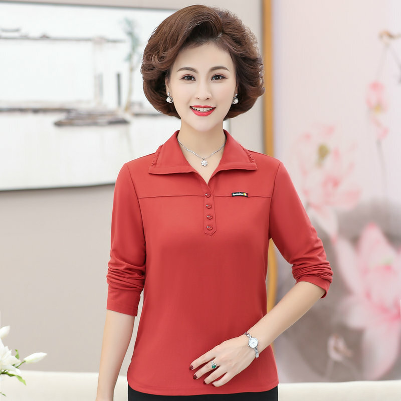 Meia-idade feminina blusa vermelha outono primavera manga longa turn down collar algodão superior mulher casual blusas básicas roupas 2021