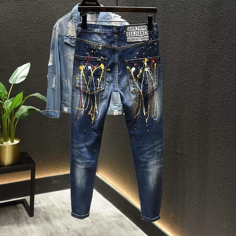 Celana Jeans Sobek Pemuda Kaki Kecil Celana Penata Kepribadian Percikan Tinta Semprot Cat Pria