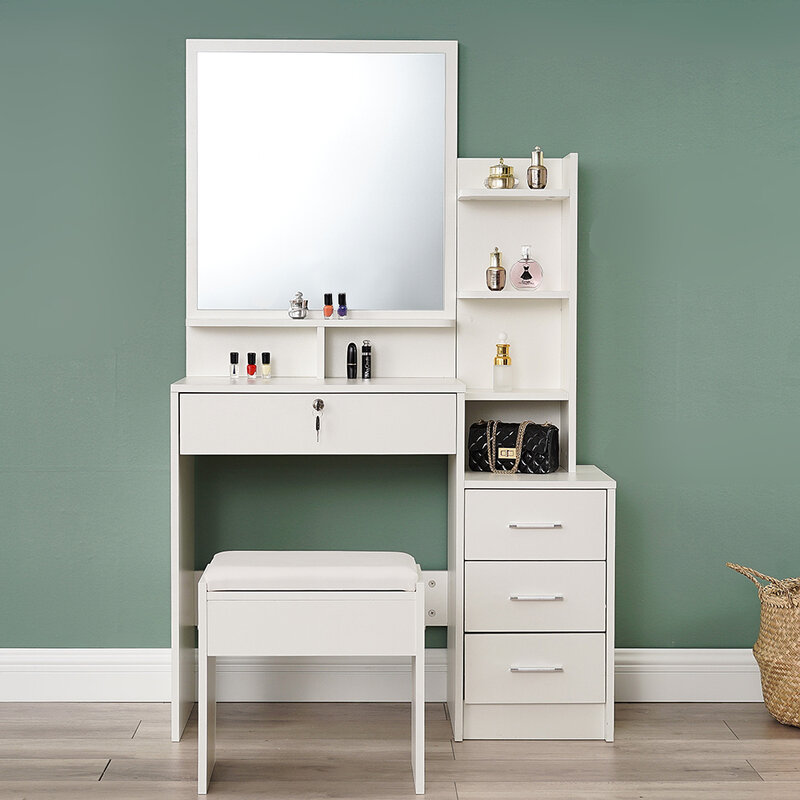 Panana Modern Dressing Table Stool Bedroom Vanity Set Makeup Desk W/ Mirror & 4 Drawers Multi drawer and storage shelves White