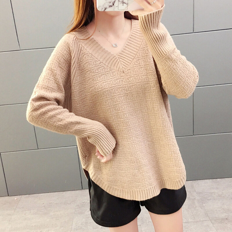 Женская зимняя одежда, Корейская свободная универсальная блузка в ленивом стиле, свитер с V-образным вырезом, Простая рубашка, женские пулов...