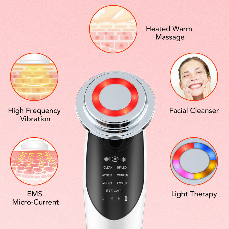 7 in 1 Facial Massager Mesotherapy Radiofrequency For Face Apparatus Radio Frequency EMS Skin Tightening Lifting Device LED Care